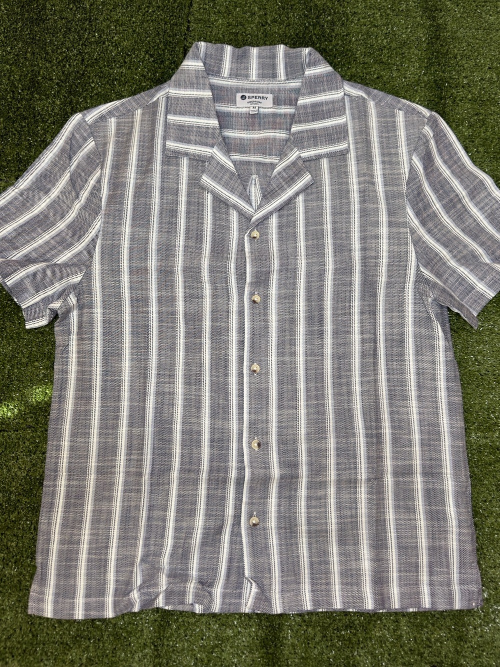 Sperry Grey and White Vertical Stripe Short Sleeve Button-Down